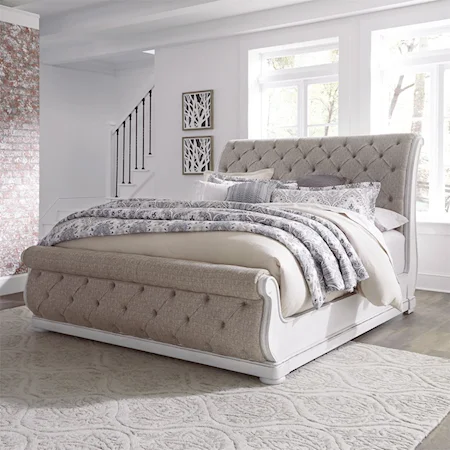 Traditional California King Upholstered Sleigh Bed with Button Tufted Head and Footboard